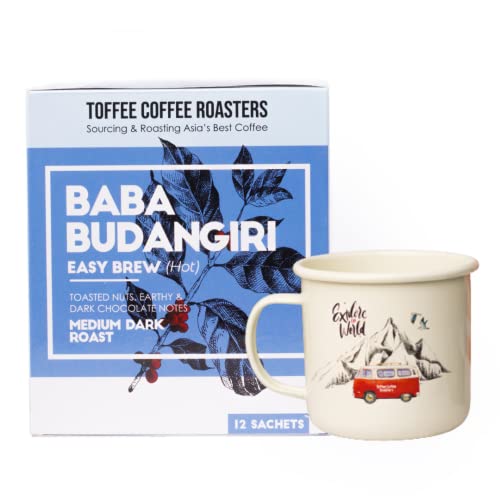 Image of Toffee Coffee Roasters | Baba Budangiri | Free Enamel Mug | Easy Brew (Hot Brew) Bag | Pack of 12 Sachets | Medium Dark Roast | Notes: Toasted Nuts, Earthy & Chocolate