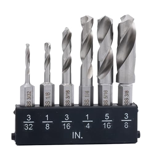 POPTOOL Twist Stubby Drill Bit Set Size 3/32 to 3/8 with Size Index & Storage Base 6-Piece Hex Shank Drill Bits for Metal Made of High-Speed Steel