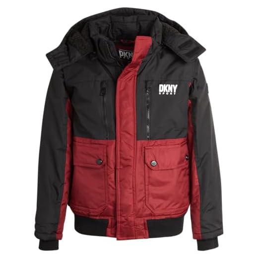 DKNY Boys' Winter Coat - Heavyweight Bomber Parka Jacket - Water Resistant Insulated Jacket for Boys (8-20), Size 10-12, Black/Red