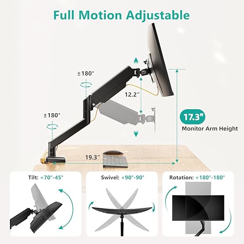 WALI Single Monitor Mount, Gas Spring Monitor Arm for 17-34 inch Screens, Adjustable Computer Monitors Stand up to 26.4lbs, with Clamp and Grommet Base, Mounting Holes 75 and 100mm (GSMP001N), Black - Image 4