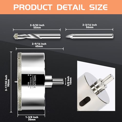 Image of MOLLOM 3-17 /32 inch (90mm) Diamond Hole Saw with 2 Pilot Drill Bit | Tile Hole Saw Smooth Cutting Porcelain Tiles,Ceramic,Marble,Granite