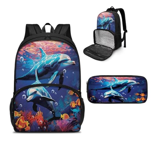NETILGEN Sac à dos isotherme pour ordinateur portable avec trousse à crayons pour pique-nique, voyage, travail, cadeau pour femme, Dauphin Poisson Corail, Taille unique, Sacs à dos de jour