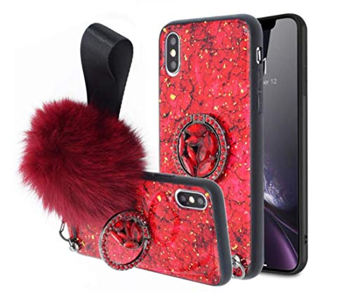 Lozeguyc iPhone XR Bling Marble Kickstand Case,iPhone XR Luxury Soft Hard Back Case Shiny Glass Shockproof Ring Stand Cover for iPhone XR 6.1 Inch-Red