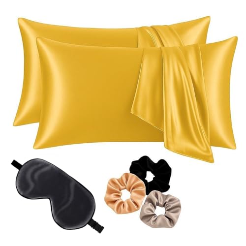 Image of Premium Satin Pillowcase Set of 2 with Eye Mask & 3 Scrunchies | Silky Soft, Anti-Frizz, Skin & Hair Care Sleep Set | Luxury Gift Combo for Women & Girls (Yellow)