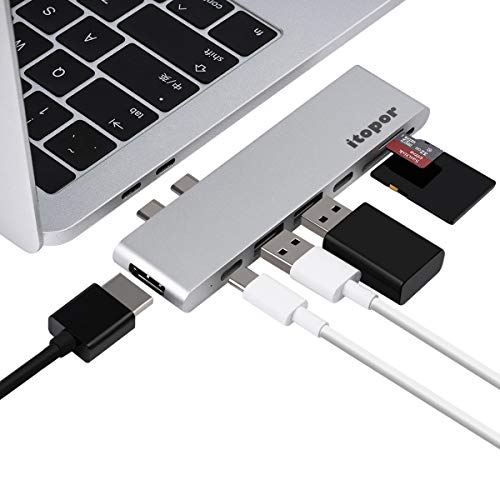 Exclusive USB C Hub for MacBook Pro 2018 2017 2016 13" 15",USB C Adapter for MacBook Air 2018, 7 Ports USB C HUB 100W Power Delivery,5Gbps Data, 4K HDMI, 2xUSB 3.1,7 in 1 USB C HUB by Itopor (Silvery) Exclusive USB C Hub for MacBook Pro 2018 2017 2016 13" 15",USB C Adapter for MacBook Air 2018, 7 Ports USB C HUB 100W Power Delivery,5Gbps Data, 4K HDMI, 2xUSB 3.1,7 in 1 USB C HUB by Itopor (Silvery)
