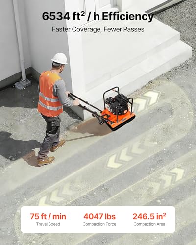 Image of VEVOR Plate Compactor, 6.5 HP 196CC Gas Engine, 5700 VPM Vibrating Ground Rammer, 4047 lbs Compaction Force, 21 x 16 in Plate, Walk Behind Compactor for Paver Landscaping, Asphalt, Foundation, Soil