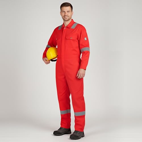Image of Men's 100% Cotton Pyrovatex Fire Retardant Industrial Coveralls (Boiler Suit) with Reflective Tape 240 GSM. Color RED, Size L - 40