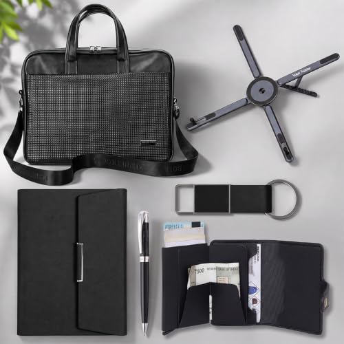 Image of Giftana 6 in 1 Premium Laptop Bag Gift Set with Planner Diary, Pen, Keychain, RFID Card Holder, Keychain & Foldable Laptop Stand for Men & Women | Employee Welcome Kit | CXO Signature Collection Set