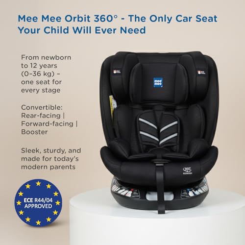 Image of Mee Mee Orbit 360 Rotatable Convertible ISOFIX Car Seat for 0-12 Years (0-36 kg) | Rear & Forward Facing | ECE R44 /04 Certified | 5-Point Safety Harness | Adjustable Recline & Headrest | Model Name: Orbit | Black