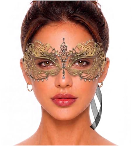 Image of Masquerade Mask for Women with Rhinestones - Elegant Metal Half Face Mask for Masquerade Parties, Mardi Gras, & Themed Events