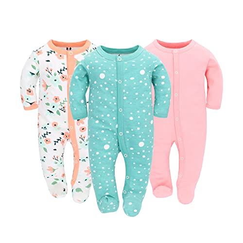 amo nenes Lot de 3 barboteuses à manches longues pour bébé garçon et fille de 0 à 12 mois, flower+green+dot, 68 cm Cover