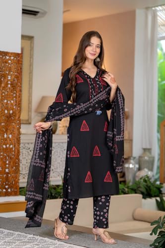 Image of PARTHVI Women's Pure Cotton Printed Straight Kurta Set with Palazzo Pants & Dupatta- Ethnic Wear, Black