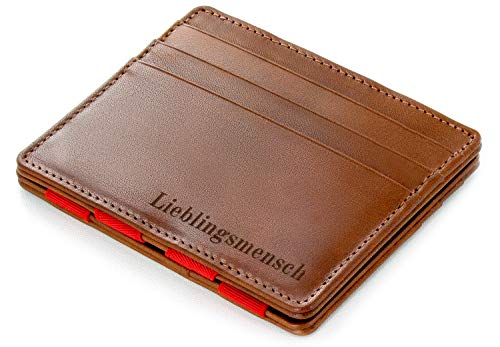 JAIMIE JACOBS ® Magic Wallet Flap Boy Slim avec Gravure - l'Original - Portefeuille Magique, Blocage RFID, Porte Billet, Porte Monnaie Mince Homme, Cuir Vache (Marron avec Rouge)