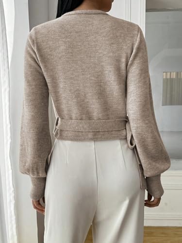 Image of ZAFUL Women's V Neck Cable Knit Sweater Long Sleeve Ribbed Crop Tops Wrap Surplice Solid Casual Pullover Jumper