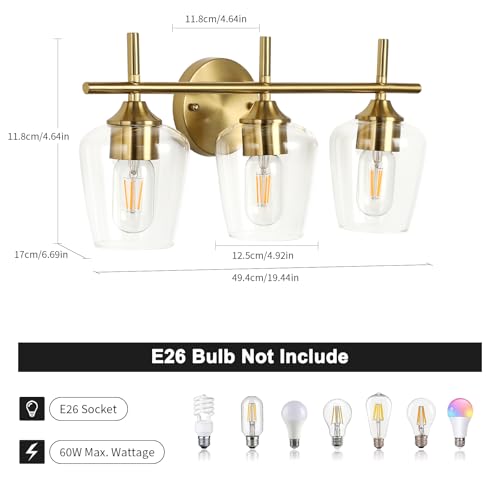 Image of foucasal 3-Light Brushed Gold Bathroom Vanity Light, Modern Gold Vanity Light for Bathroom with Clear Shades, Vanity Lighting Fixtures Over Mirror for Bedroom Hallway Living Room