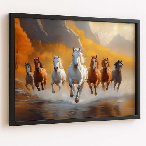 Image of HOTHOUSE Seven Running Vastu Lucky Horse and Rising Sun Painting | 7 Horses Vastu Frame Wall Art Painting for Living Room Bedroom Office Home Decor Wall Decor Size (13X17 inch)