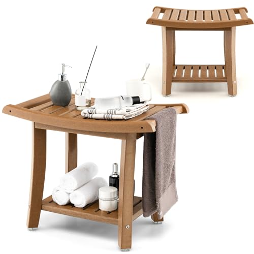 HOMASIS Badhocker mit Ablage, Duschbank bis 170 kg belastbar, Duschhocker aus HDPE, Badezimmer Duschbank mit 2 Griffen & Anti-Rutsch-Füßpolster, Duschstuhl für Senioren & Erwachsene (Braun)