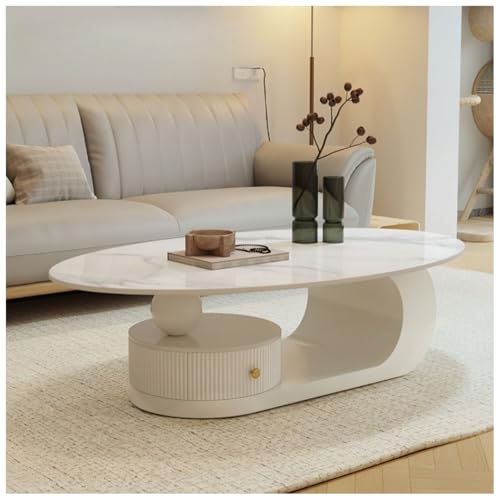 Rhljgbs センターテーブル ローテーブル サイドテーブル 大理石柄 幅100/120cm セラミック 隋円形 ラグジュアリー スタイリッシュ 引出 大理石風 石目調 傷に強い おしゃれ 北欧 モダン 一人暮らし リビング 完成品 (ホワイト-大理石柄