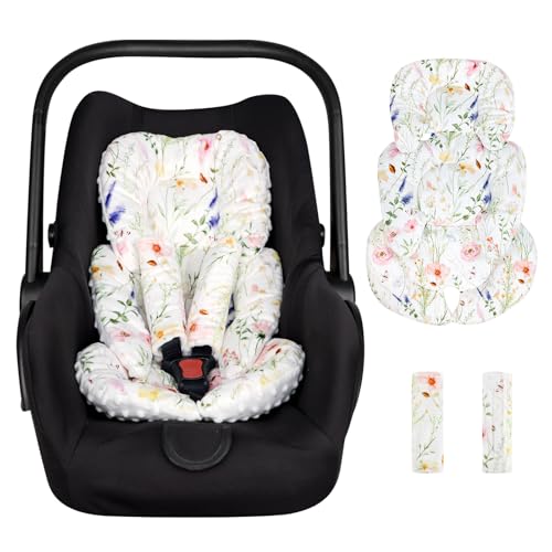 Image of CARUILI Infant Car Seat Insert, Car Seat Head Support Baby Girls Boys, Soft & Reversible Newborn Carseat Insert Cushion with 2 Strap Covers, for Stroller, Swing, Bouncer (White Wildflowers)
