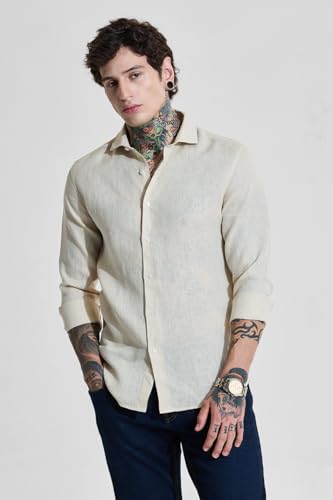 Image of SNITCH Men Casual Shirt | Slim Fit Full Sleeve Classic Collar Solid Pattern | 100% Linen, Breathable & Lightweight Fabric, Machine Washable