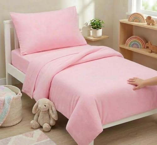 Image of EVERYDAY KIDS 4 Piece Toddler Bedding Set - Includes Comforter, Flat Sheet, Fitted Sheet and Reversible Pillowcase - Solid Pink