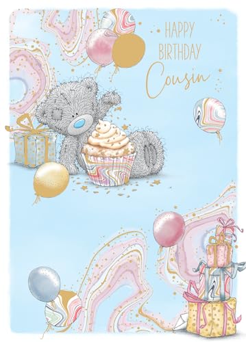 Me To You Tatty Teddy Luxury Gold Foil Happy Birthday Cousin Premium Card Bear With Cupcake Gift Boxes And Balloons 7 X 5 Inches - Official Collection