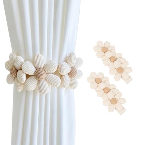 Image of SRG Sunflower Curtain Tiebacks-2 Pack | Daisy Curtain Holdbacks Three Flower | Curtain Tiebacks Boho | Japanese Curtain Ties | Cute Flower Curtain Ties Decorative for Bedroom Window Treatment (Cream)