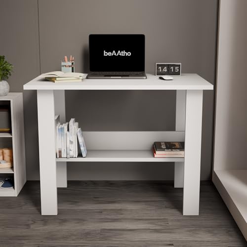 Image of beAAtho Spectrum Desk Multipurpose Workstation for Home, Office, or Study, Engineered Wood with Large Spacious Top, Open Shelf Storage, Durable & Tested for Strength, Easy to Assemble.(White)(DIY)