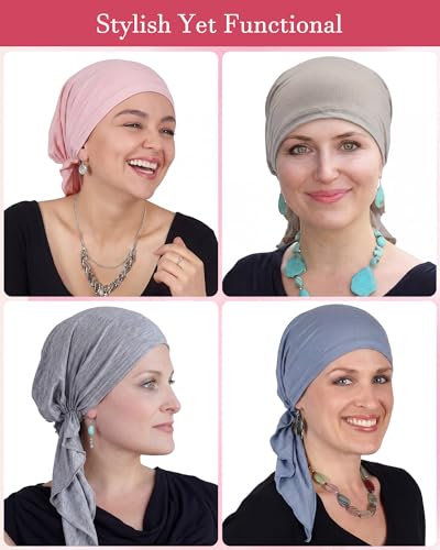 Image of Halfchet 4 Pcs Chemo Headwear for Women Pre Tied Cancer Caps Head Scarf Turbans for Women Patients Gifts