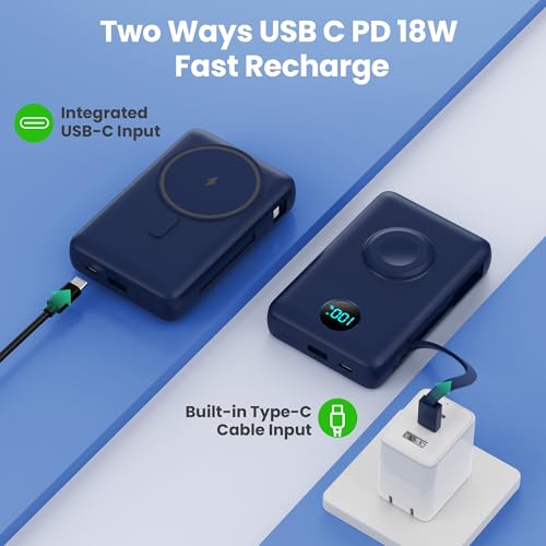 Image of APHUWJ Magnetic Portable Charger for iPhone with Built-in Cables, 10800mAh 25W PD Fast Charging Power Bank, 6 Outputs Battery Pack for iPhone 17 /16 /15 /14 /13 /12,Apple Watch Travel Essential (Blue)
