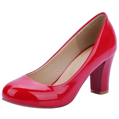 Escarpins À Talons Carrés pour Femmes Talons Hauts Chaussures Bout Rond A Enfiler Elegant Chaussures Habillées, N15350Fn Rouge Taille 45 EU/47Cn