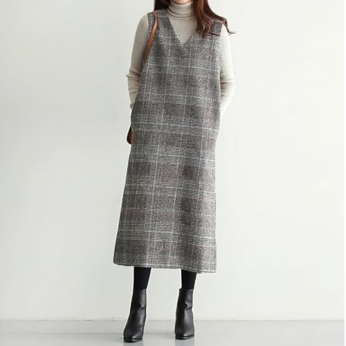 chouyatou Women's Fall Winter Plaid Wool Overall Dress Casual Business Sleeveless Midi Tank Vest Dress2