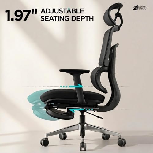 Image of Green Soul Astra Ergonomic Office Chair for Work | Lockable Cushioned Footrest | Moulded Foam Seat with Thigh Support | Seat Slider | Multi-Lock Recline | 3 Year Warranty (Black)