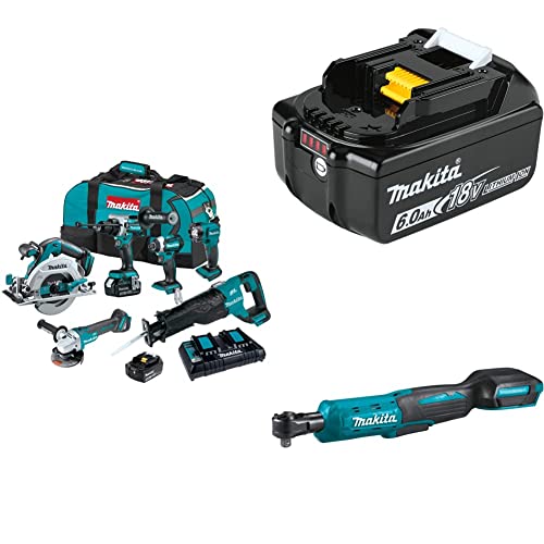 Makita XT616PT 18V LXT Lithium-Ion Brushless Cordless 6-Pc. Combo Kit (5.0Ah), BL1860B 18V LXT Lithium-Ion 6.0Ah Battery, and XRW01Z 18V LXT Lithium-Ion Cordless 3/8