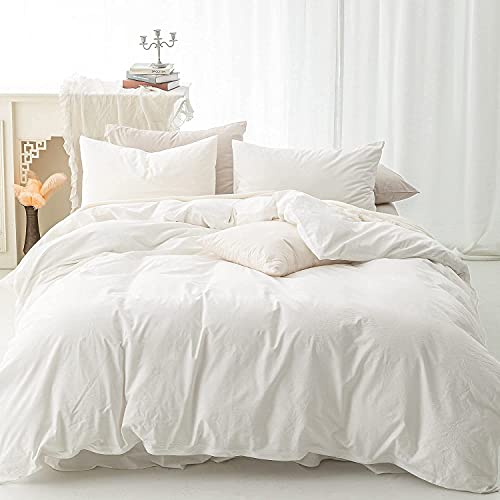 Review Product FOSSA Washed Cotton Duvet Cover Set King Size 3 Piece Bedding Sets Linen Feel Soft Wrinkled Solid Design, 1 Duvet Cover and 2 Pillowcases (Off White)