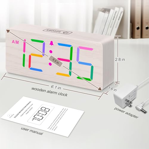 Image of DreamSky Wooden Digital Alarm Clock for Bedroom, Living Room Desk | RGB Loud Alarm Clock for Heavy Sleepers with Volume Control, Large Numbers with Dimmer, Office Wood Decor (Plug in Clock)