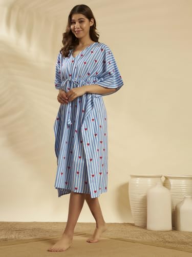 Image of Ravaiyaa Women Printed Cotton V-Neck Knee Length Kaftan Dress Nighty