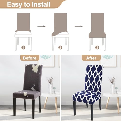 Image of SearchI Dining Room Chair Covers Set of 4, Spandex Stretch Kitchen Chair Slipcovers Removable Washable Moroccan Geometric Parsons Chair Covers Protector for Dining Room, Hotel (Navy Blue)