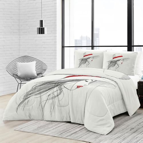 Juego de edredón 220×240 cm + 2 Almohadas, edredón Universal 4 Estaciones, Personas Elegantes Sencillas y con Arte Lineal Estampados Elegantes para Cama Doble o Individual, Beige