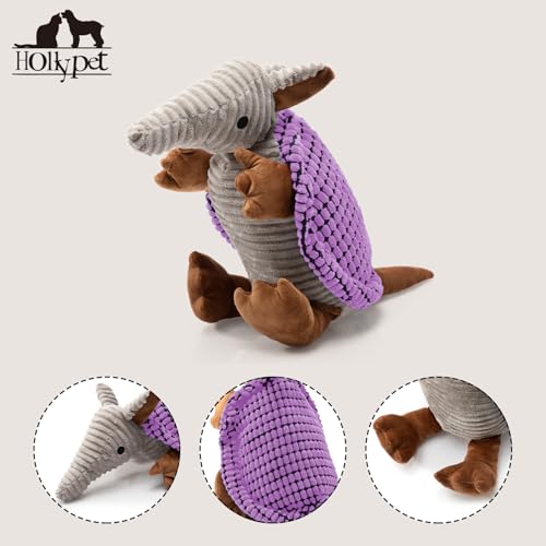 Image of Hollypet Plush Dog Squeaky Toy Stuffed Armadillo Animal Pet Puppy Chew Toys with Clean Teeth for Small Medium Large All Breed Sizes Dogs, Purple, 10 in