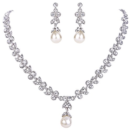 EVER FAITH Wedding Silver-Tone Leaf Simulated Pearl Jewelry Set Clear Austrian Crystal