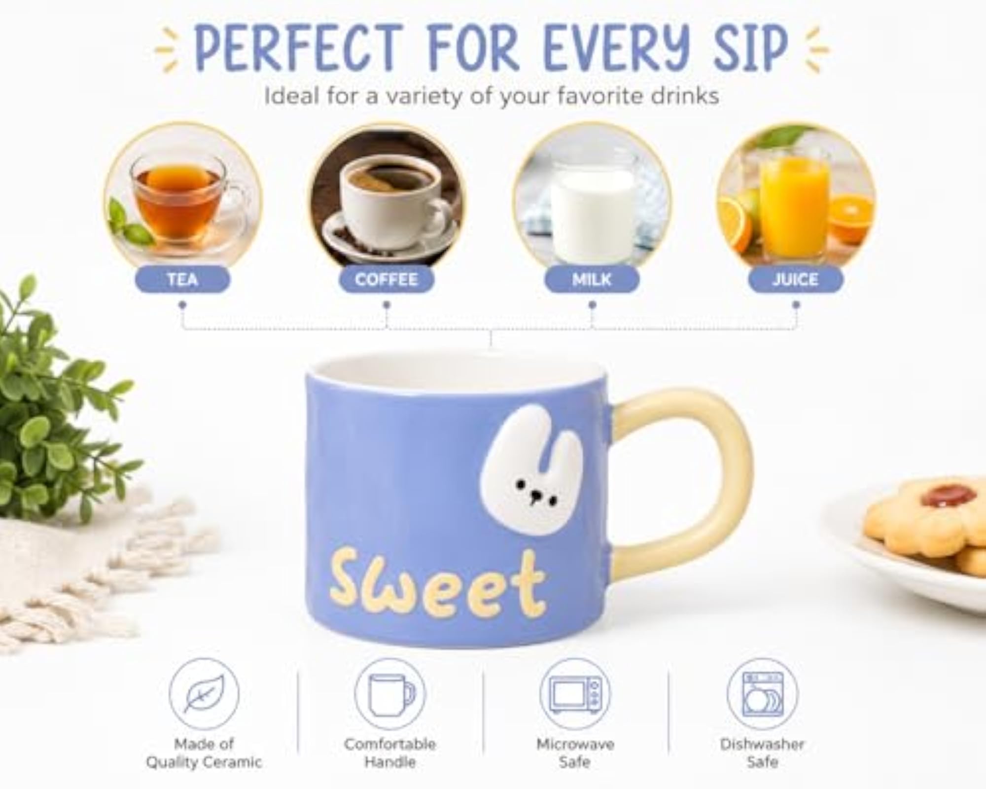 Cute Blue Bunny Coffee Mug, Ceramic Tea & Milk Cup with Handle