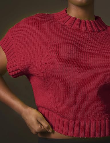 Image of Women's Mock Neck Cap Sleeve Sweater Vest Casual Solid Cropped Tank Tops Pullover Sweaters