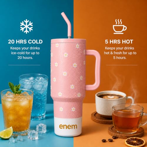 Image of enem Tumbler, Petal Pink Pop, Tumbler with Metal Straw, Sipper, with Lid Leak Proof, 1 Metal Ice Cube, 1 Copper Spring (Tamba), Base Protector, Mug Travel, 1.2L