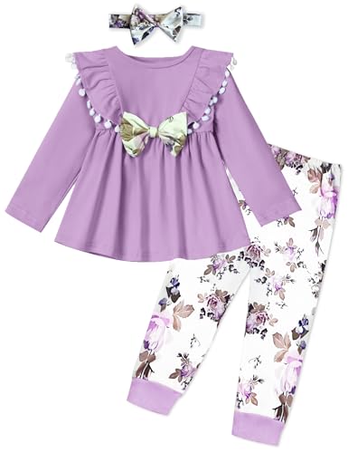 Image of mksodopy Toddler Girl Clothes Girl Fall Winter outfits Cotton Long Sleeves Ruffle Top Pants Little Girl Clothing Set