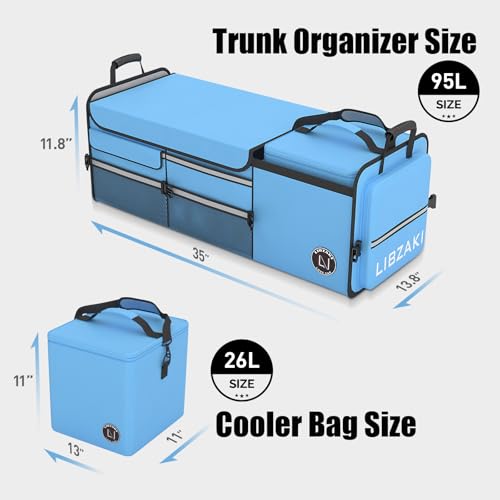 Image of LIBZAKI Oversize 4 in 1 Car Trunk Storage Organizer, Multi Compartment Collapsible Trunk Storage Box with Cooler Bag for Car Truck SUV-Light Blue