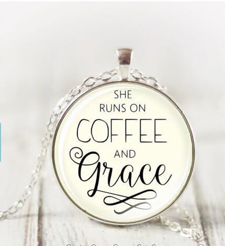 Large She Runs On Coffee And Grace Necklace, Christian Pendant Necklace Scripture Christian Necklace Inspirational Gift