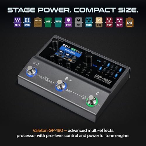Valeton GP180 Guitar Multi Effects Processor, HD NAM Modeling Pedal, 200+ Effects, IR Loader, 6in/4out USB Audio Interface, Bluetooth MIDI, 180s Looper, 3 Footswitches, Built-in 3000mAh Battery, Black