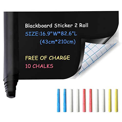 Ezigoo 2 Roll Chalk Board Blackboard Sticker - 43cm x 210cm Removable Adhesive Vinyl Chalkboard Paper, Black Boards for Walls for Home Kitchen Office School Menu - 10pcs Chalks