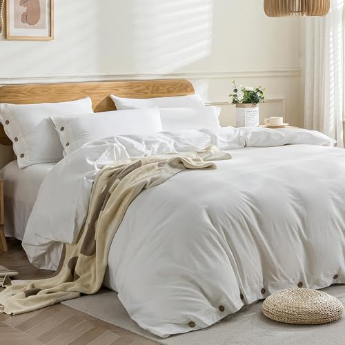 Image of JELLYMONI Cotton Duvet Cover Super King Size - Bright White Comforter Cover with Button 100% Washed Cotton 3PCS Breathable Soft Solid Bedding Set Duvet Cover 116x98in & 2 Pillowcases (NO Comforter)